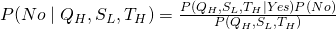 P( No\mid Q_{H}, S_{L},T_{H}) = \frac{P( Q_{H}, S_{L},T_{H}\mid Yes)P( No)}{P(Q_{H}, S_{L},T_{H})}